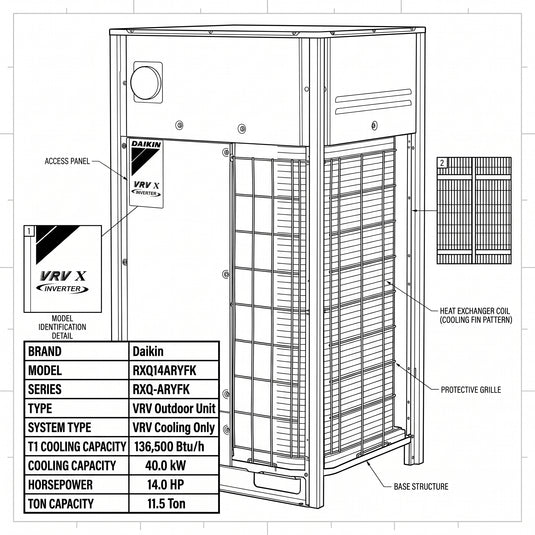 Daikin VRV Outdoor Unit 11.5 Ton 40.0 kW 14.0 HP 136,500 Btu/h RXQ14ARYFK