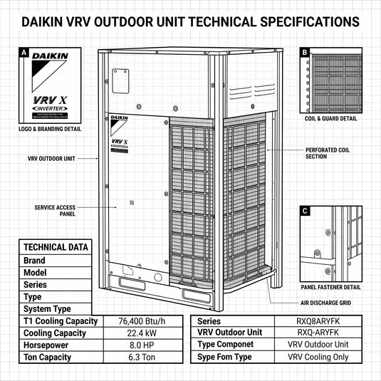 Daikin VRV Outdoor Unit 6.3 Ton 22.4 kW 8.0 HP 76,400 Btu/h RXQ8ARYFK