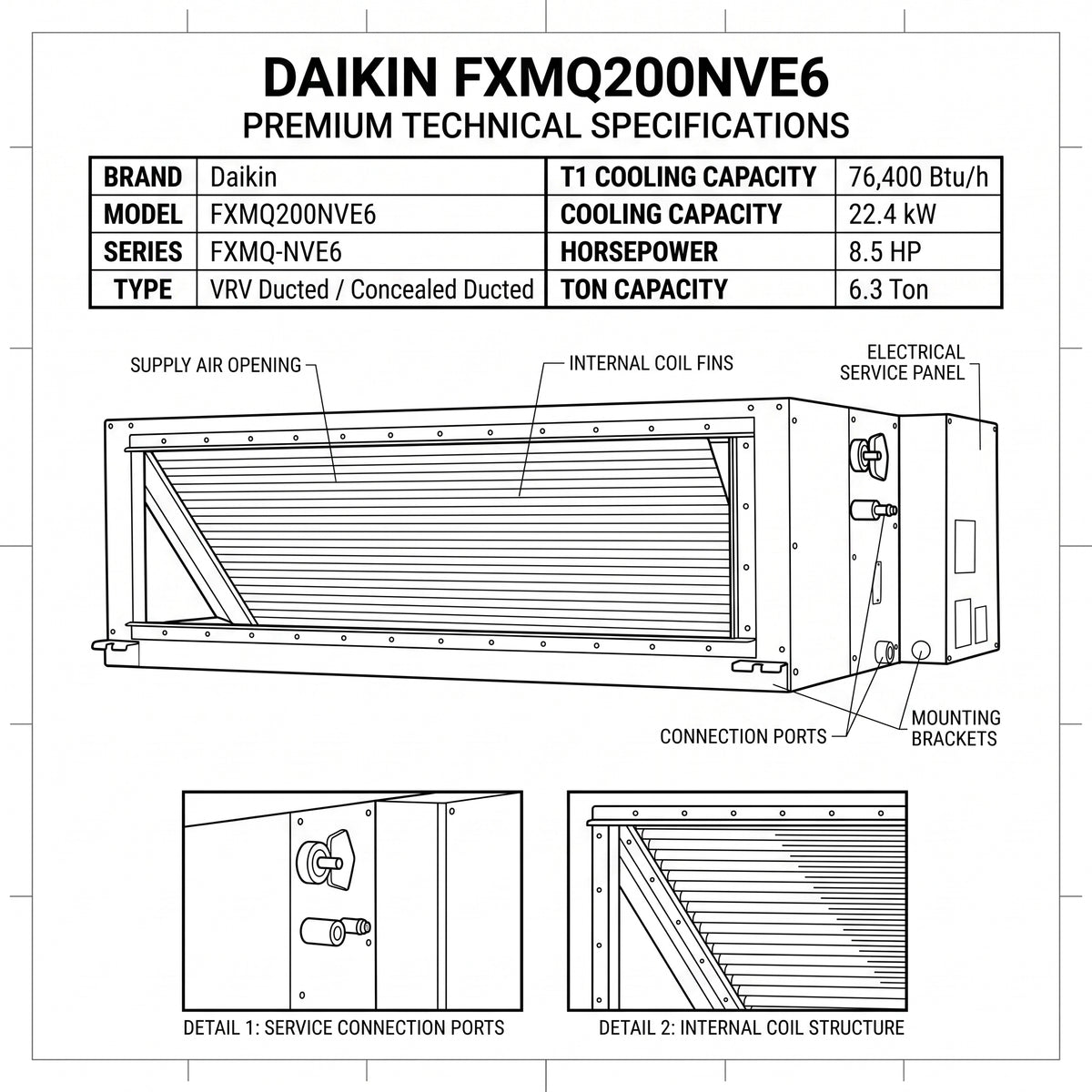 Daikin Ducted Splits for VRV Systems 6.3 Ton 22.4 kW 8.5 HP 76,400 Btu/h FXMQ200NVE6