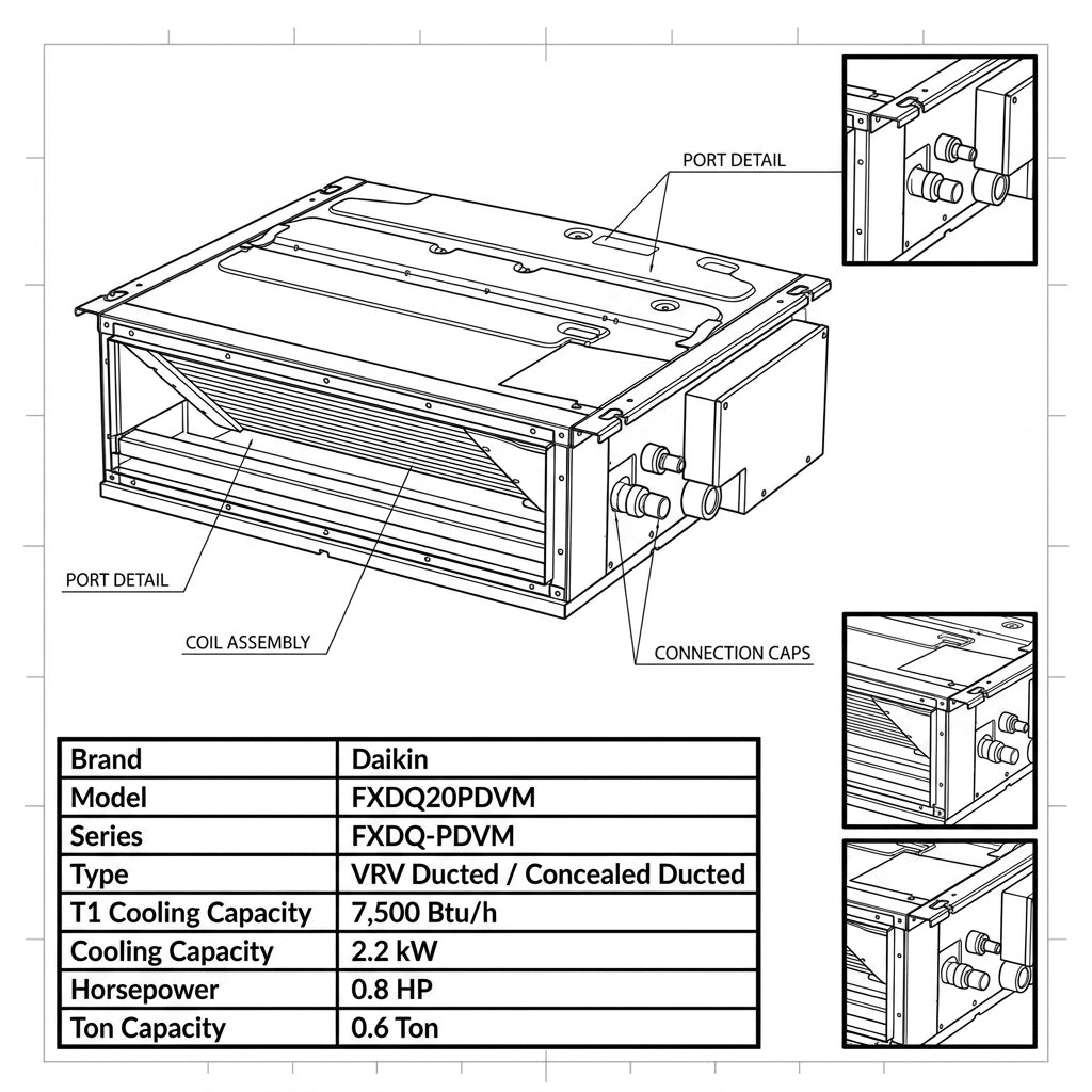 Daikin Ducted Splits for VRV Systems 0.6 Ton |2.2 kW 0.8 HP 7,500 Btu/h FXDQ20PDVM