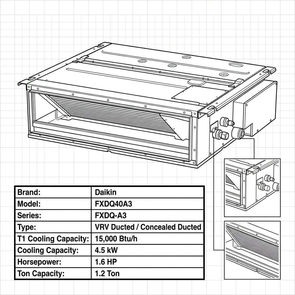 Daikin Ducted Splits for VRV Systems  1.2 Ton 4.5 kW 1.6 HP 15,000 Btu/h FXDQ40A3