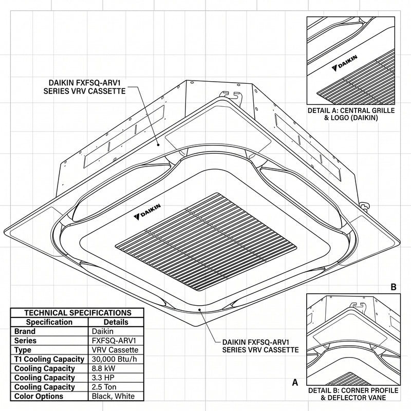 Load image into Gallery viewer, Daikin Cassette Splits for VRV Systems 2.5 Ton 8.8 kW  3.3 HP 30,000 Btu/h FXFSQ80ARV1 White
