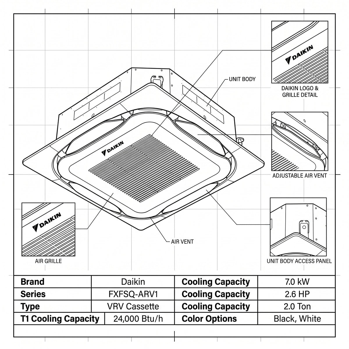 Daikin Cassette Splits for VRV Systems 2.0 Ton | 7.0 kW | 2.6 HP | 24,000 Btu/h FXFSQ63ARV1 White