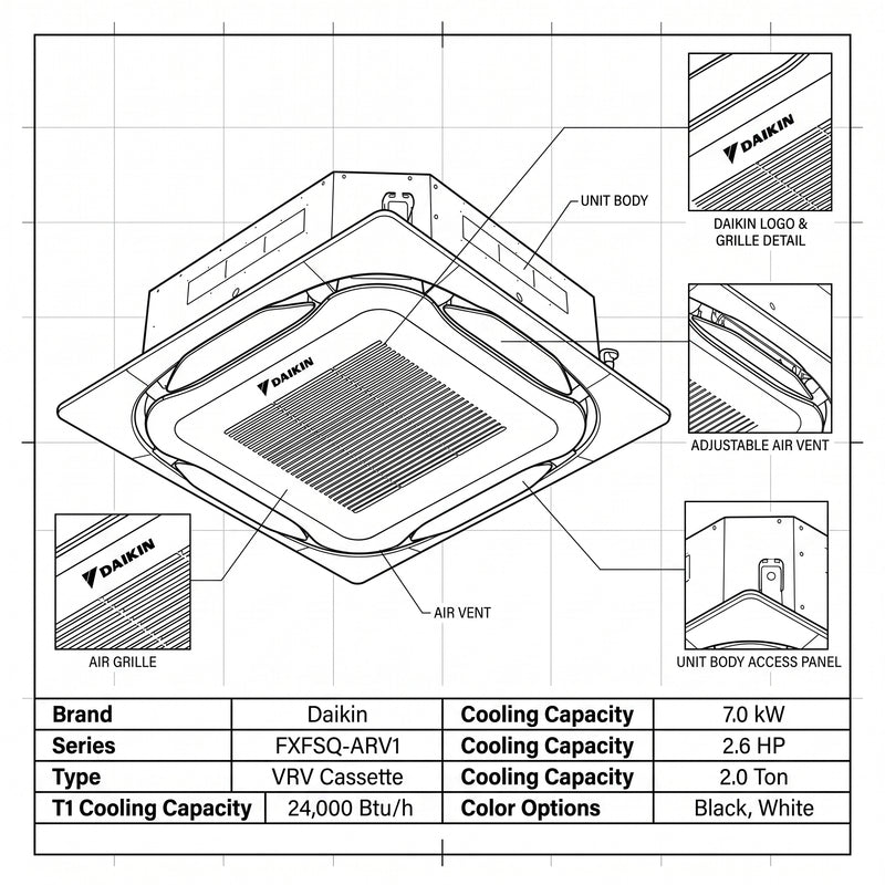 Load image into Gallery viewer, Daikin Cassette Splits for VRV Systems 2.0 Ton | 7.0 kW | 2.6 HP | 24,000 Btu/h FXFSQ63ARV1 White
