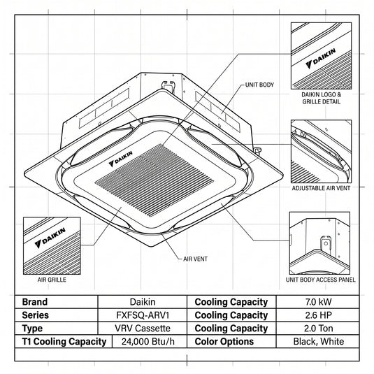 Daikin Cassette Splits for VRV Systems 2.0 Ton | 7.0 kW | 2.6 HP | 24,000 Btu/h FXFSQ63ARV1 White