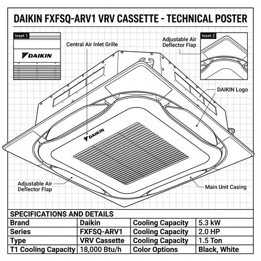 Daikin Cassette Splits for VRV Systems 1.5 Ton 5.3 kW 2.0 HP 18,000 Btu/h FXFSQ50ARV1 Black