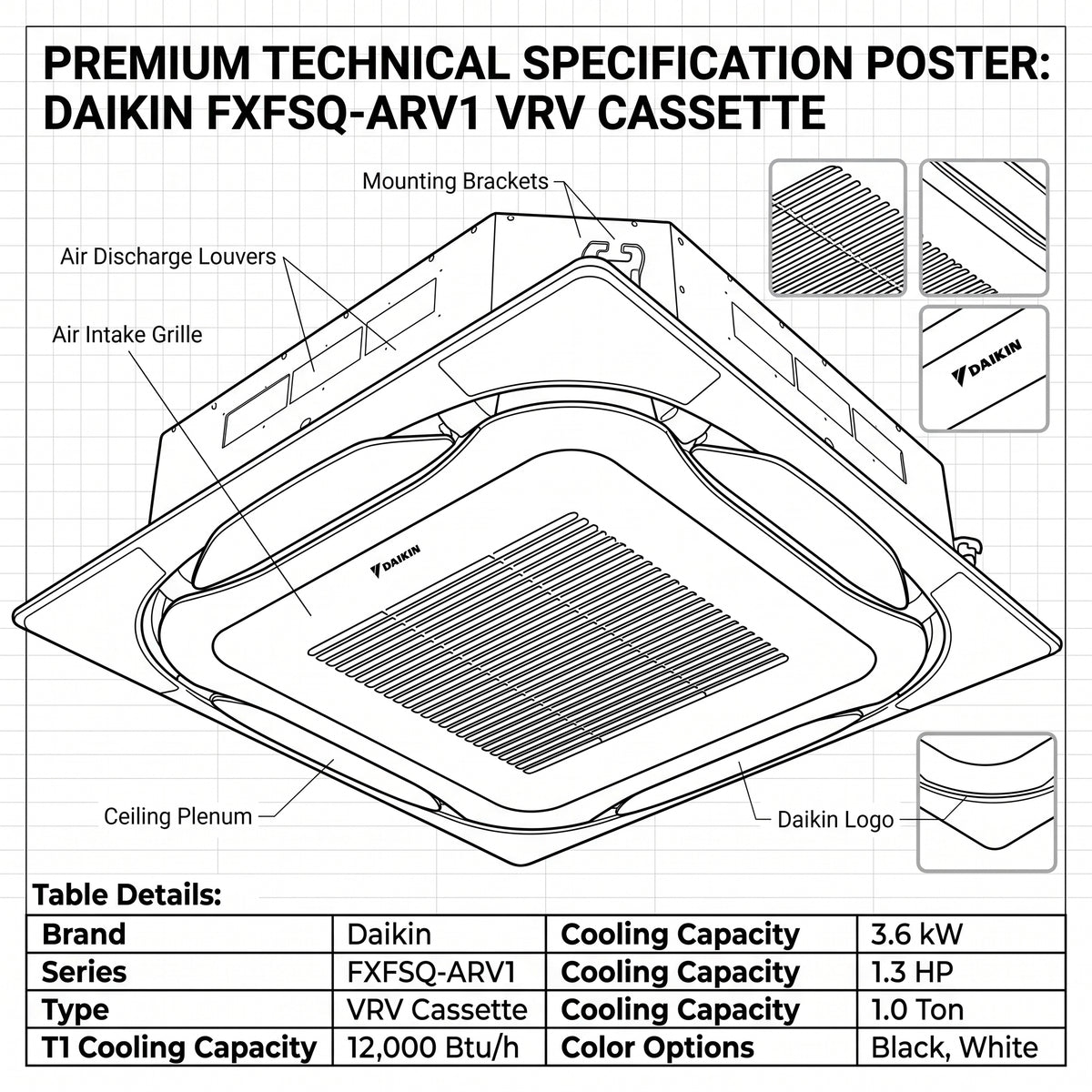 Daikin Cassette Splits for VRV Systems 1.0 Ton 3.6 kW 1.3 HP 12,000 Btu/h FXFSQ32ARV1 Black