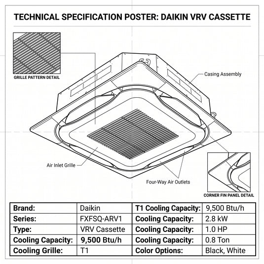 Daikin Cassette Splits for VRV Systems 0.8 Ton 2.8 kW 1.0 HP 9,500 Btu/h FXFSQ25ARV1 Black