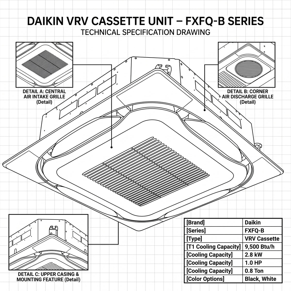 Daikin Cassette Splits for VRV Systems 0.8 Ton 2.8 kW 1.0 HP 9,500 Btu/h FXFQ25B Black