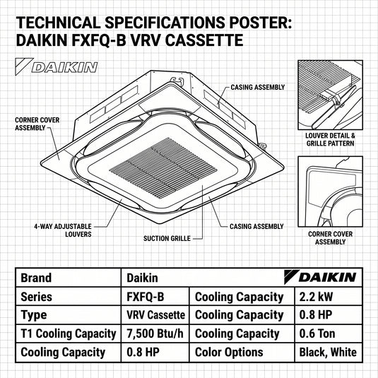 Daikin Cassette Splits for VRV Systems 0.6 Ton 2.2 kW 0.8 HP 7,500 Btu/h FXFQ20B White