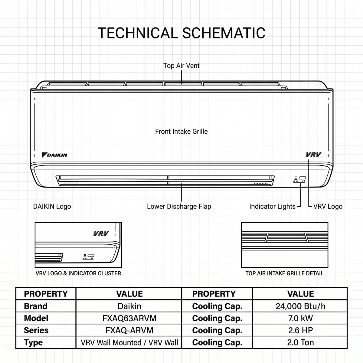 Daikin Wall Splits for VRV Systems 2.0 Ton 7.0 kW 2.6 HP 24,000 Btu/h FXAQ63ARVM
