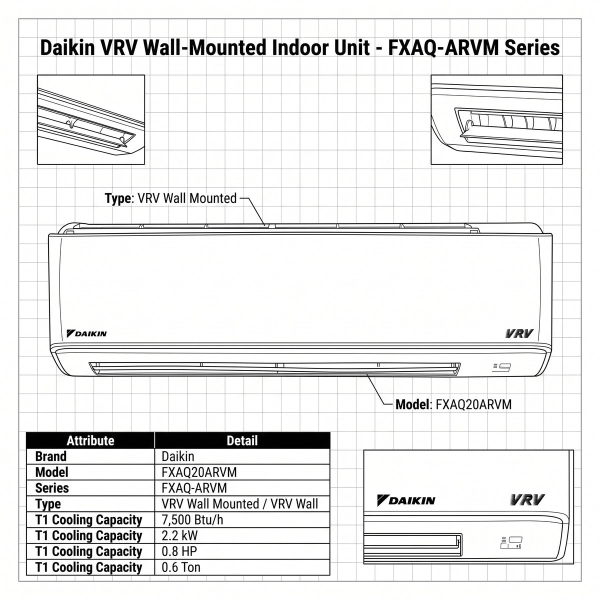 Daikin Wall Splits for VRV Systems 0.6 Ton 2.2 kW 0.8 HP 7,500 Btu/h FXAQ20ARVM