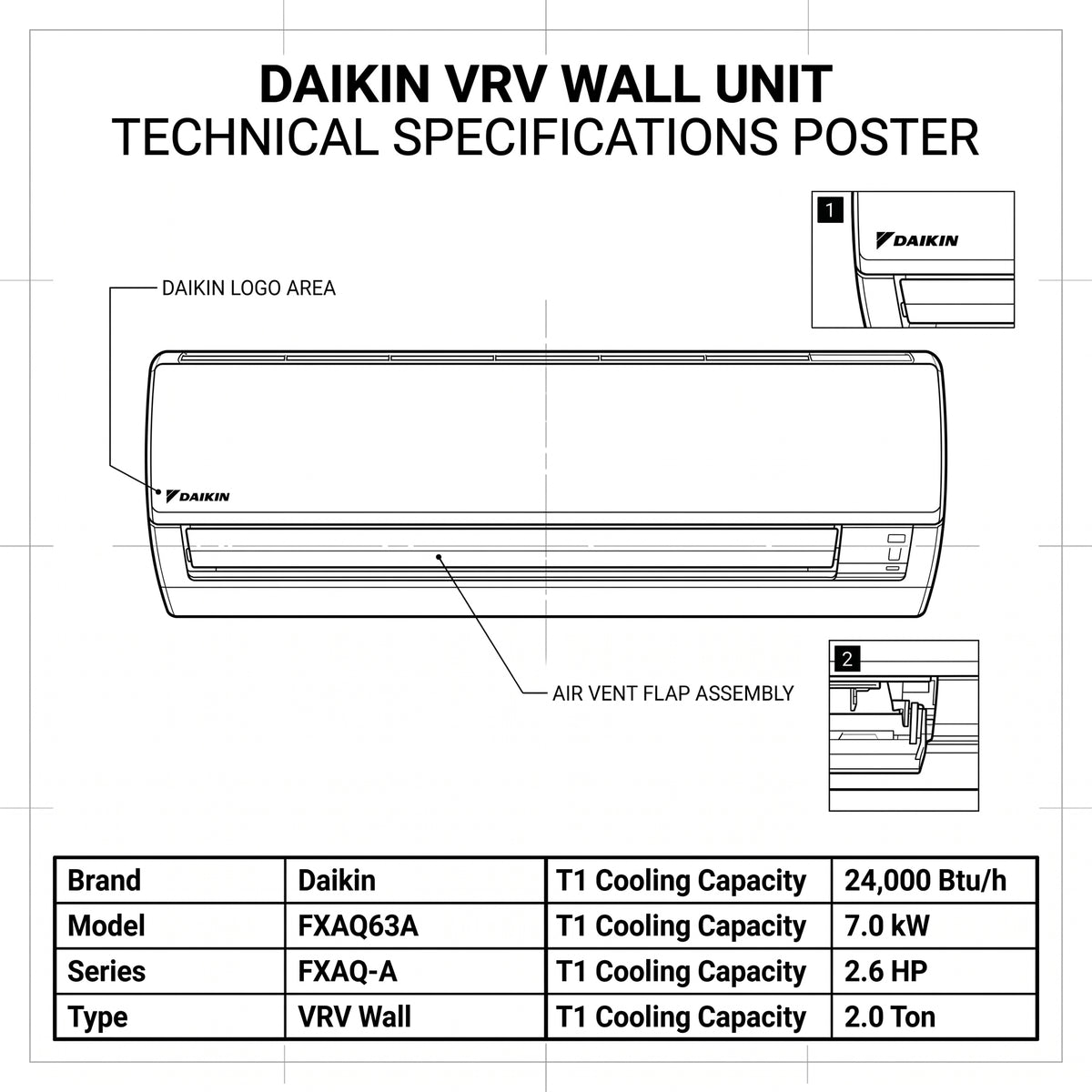 Daikin Wall Splits for VRV Systems 2.0 Ton 7.0 kW 2.6 HP 24,000 Btu/h FXAQ63A