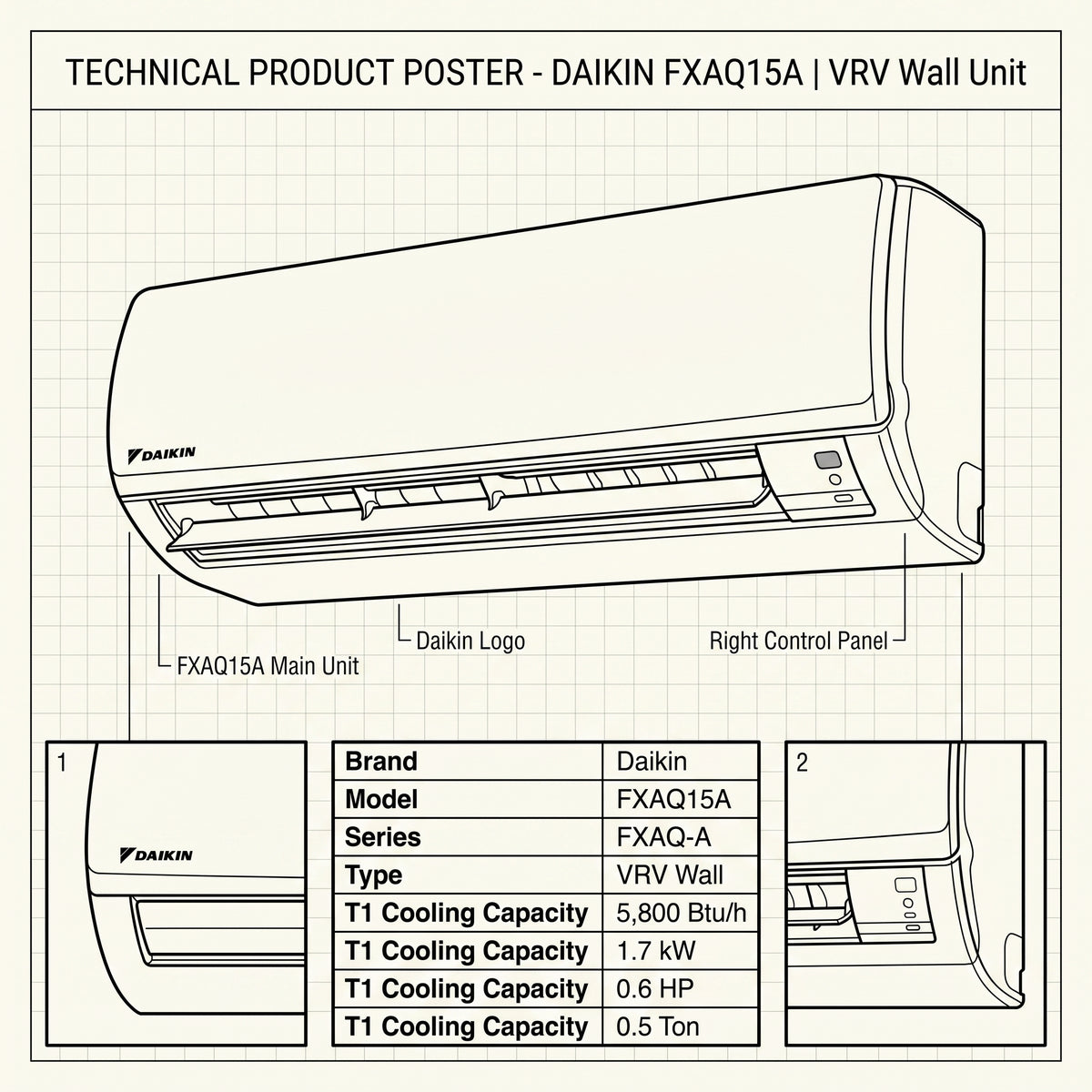 Daikin Wall Splits for VRV Systems 0.5 Ton 1.7 kW 0.6 HP 5,800 Btu/h FXAQ15A