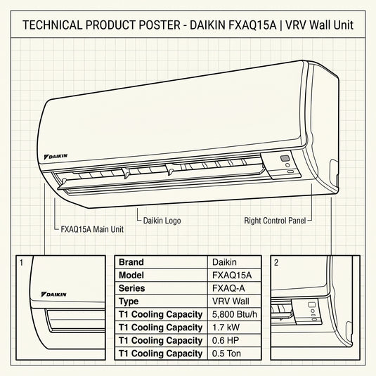 Daikin Wall Splits for VRV Systems 0.5 Ton 1.7 kW 0.6 HP 5,800 Btu/h FXAQ15A