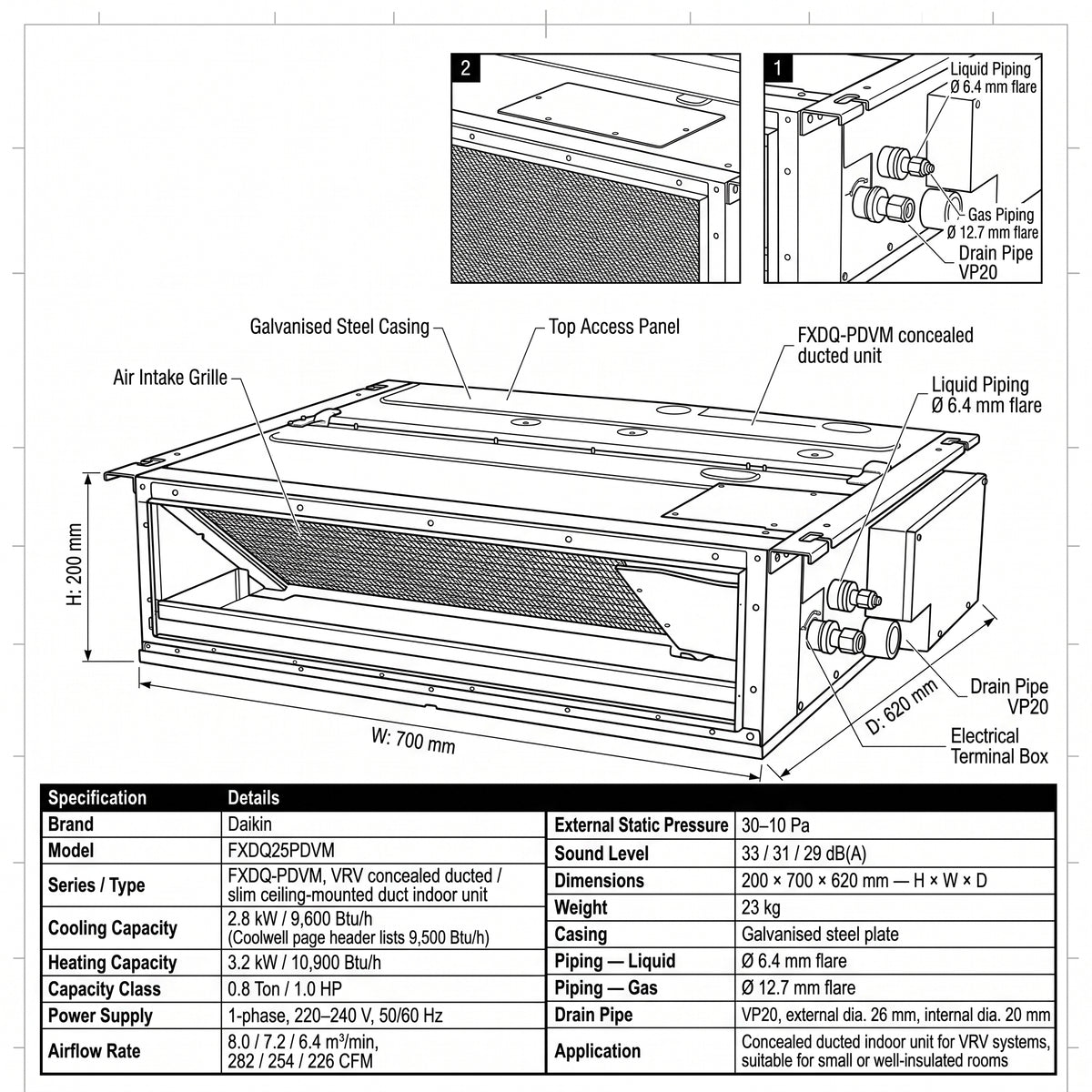 Daikin Ducted Splits for VRV Systems 0.8 Ton 2.8 kW 1.0 HP 9,500 Btu/h FXDQ25PDVM