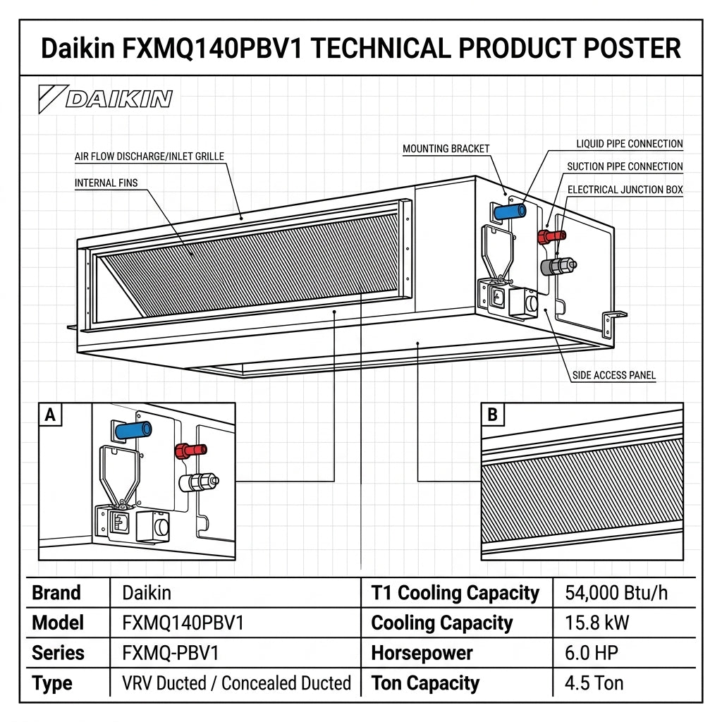 Daikin Ducted Splits for VRV Systems 4.5 Ton 15.8 kW 6.0 HP 54,000 Btu/h FXMQ140PBV1