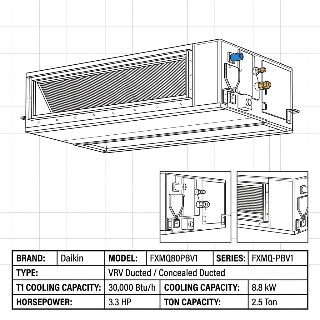 Daikin Ducted Splits for VRV Systems 2.5 Ton 8.8 kW 3.3 HP 30,000 Btu/h FXMQ80PBV1