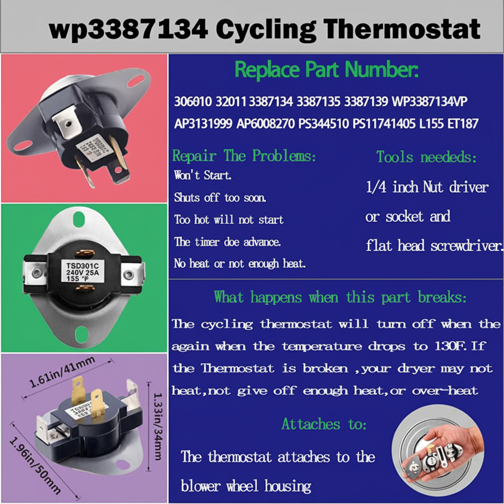 Dryer Thermostat 3977393 & 3392519 Thermal Fuse 3977767 high-limit thermostat Compatible whirlpool kenmore roper maytag estate Inglis crosley amana kitchen-aid, Figure 6 is Compatible Model. 3387134