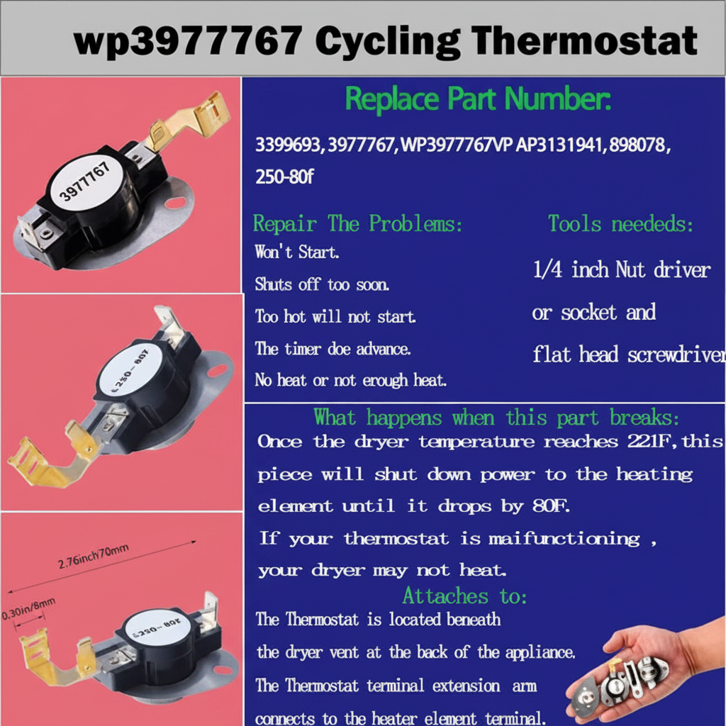 Dryer Thermostat 3977393 & 3392519 Thermal Fuse 3977767 high-limit thermostat Compatible whirlpool kenmore roper maytag estate Inglis crosley amana kitchen-aid, Figure 6 is Compatible Model. 3387134