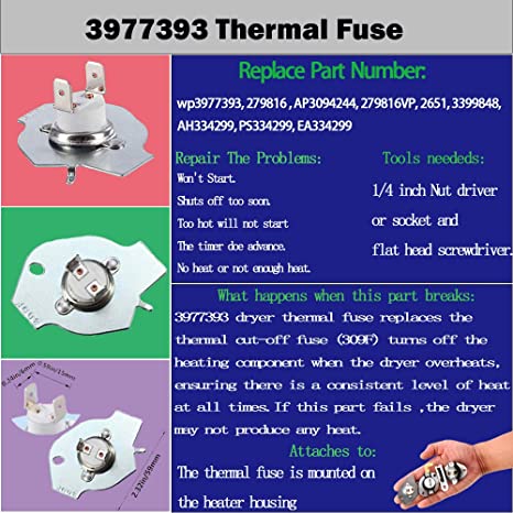 Dryer Thermostat 3977393 & 3392519 Thermal Fuse 3977767 high-limit thermostat Compatible whirlpool