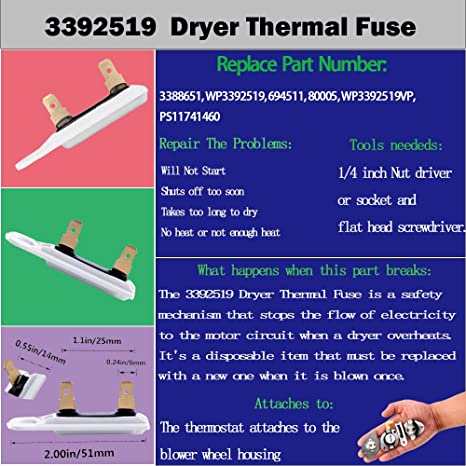 Dryer Thermostat 3977393 & 3392519 Thermal Fuse 3977767 high-limit thermostat Compatible whirlpool