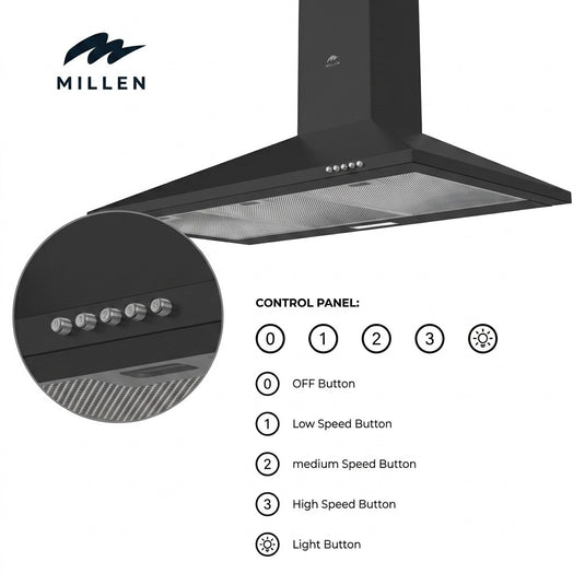 Millen MKH 904 BL 90cm Black Chimney Range Hood, 3 Years Warranty