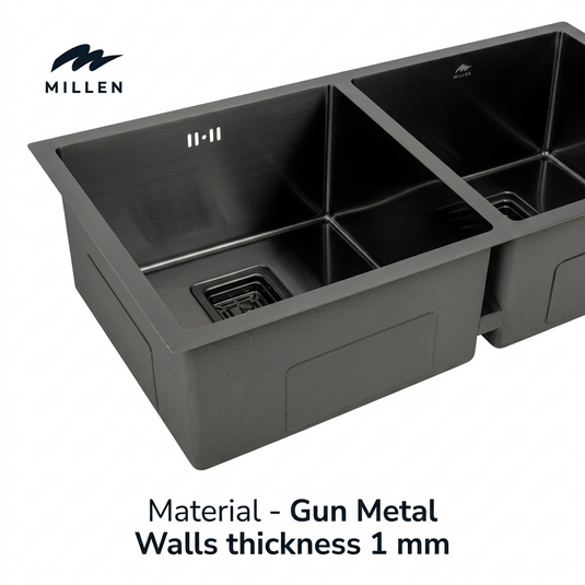 MILLEN Handmade Undermount Sink, Double Bowl, Gunmetal Satin Finish, Soundproof, Color Gunmetal Model – MSDB864422GM – 1 Year Warranty.