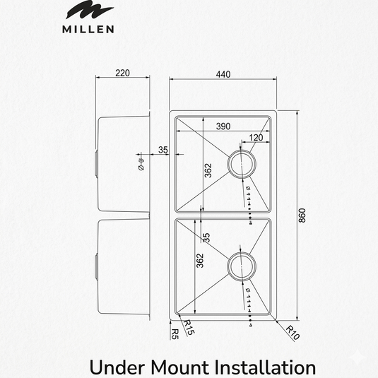 MILLEN Handmade Undermount Sink, Double Bowl, Satin Finish, Soundproof, Color Stainless Steel Model – MSDB764522SS – 1 Year Warranty