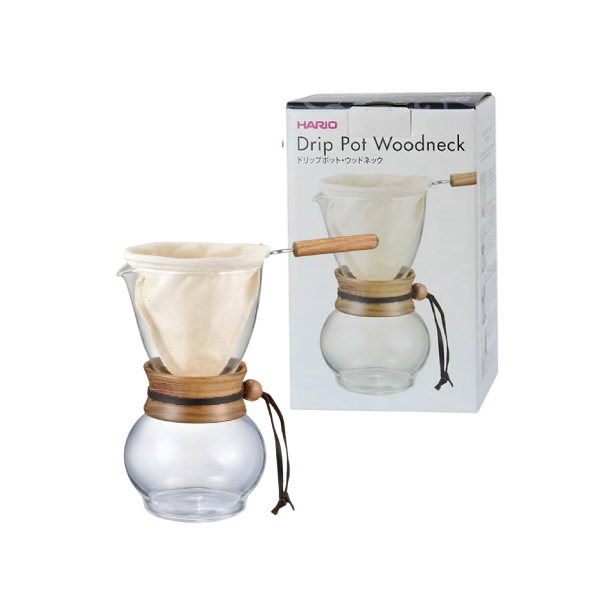 Hario Drip Pot with Olive Woodneck collar and reusable cloth filter for authentic Nel drip coffee brewing.