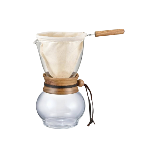 Load image into Gallery viewer, Hario Drip Pot with Olive Woodneck collar and reusable cloth filter for authentic Nel drip coffee brewing.
