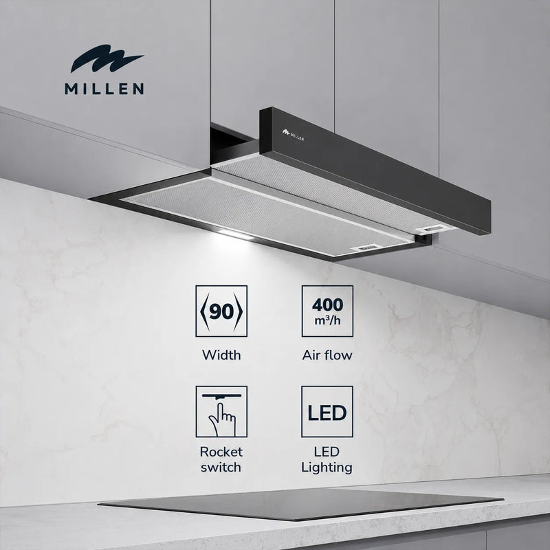 Load image into Gallery viewer, MILLEN 90 cm Slide-Out Black Range Hood 400 m3/h – MBRHS 901 BL
