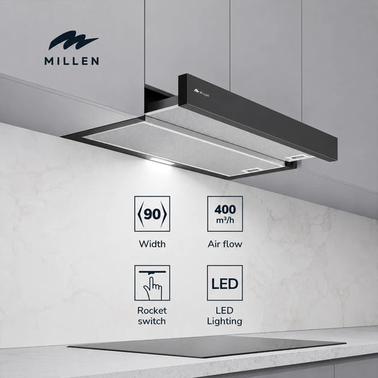 MILLEN 90 cm Slide-Out Black Range Hood 400 m3/h – MBRHS 901 BL