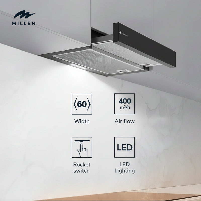 Load image into Gallery viewer, MILLEN 60 cm Black Slide-Out Range Hood 400 m3/h – MBRHS 601 BL, 3 Years Warranty

