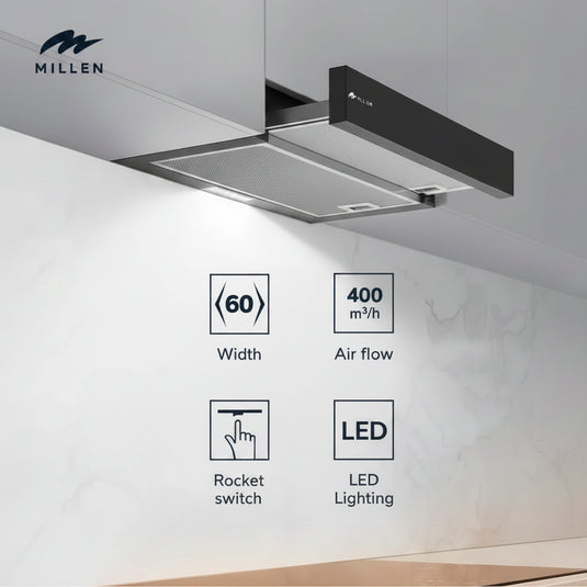 MILLEN 60 cm Black Slide-Out Range Hood 400 m3/h – MBRHS 601 BL, 3 Years Warranty