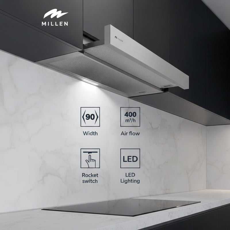 Load image into Gallery viewer, MILLEN 90 cm Slide-Out Range Hood 400 m3/h – MBRHS 901 IX, 3 Years Warranty MBRHS 901 IX Stainless Steel

