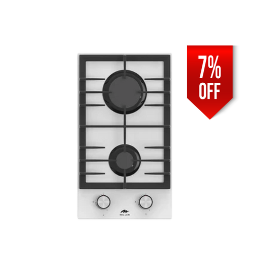 Millen 30cm Built-in 2 Burner Gas Hob MGHG 3001 WH in White Glass Finish 2900W, 3 Year Warranty