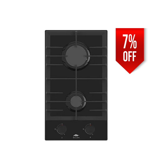 Millen 30cm Built-in 2 Burner Gas Hob MGHG 3002 BL Black Glass Finish 3900W Gas Cooktop, 3 Year Warranty