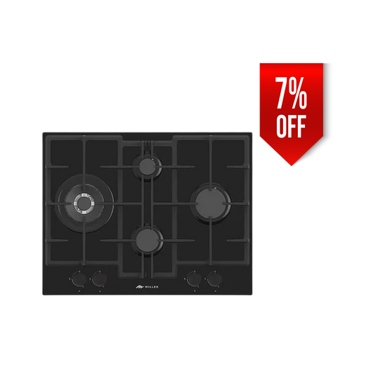 Millen 65cm Built-in Gas Hob MGHG 6503 BL in Black Glass, 4 Burners 9700W, 3 Year Warranty