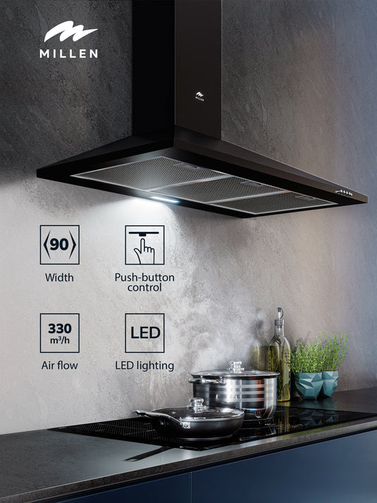 Millen MKH 904 BL 90cm Black Chimney Range Hood, 3 Years Warranty