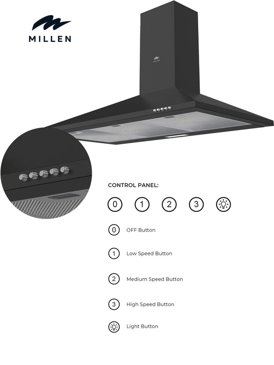 Millen MKH 904 BL 90cm Black Chimney Range Hood, 3 Years Warranty