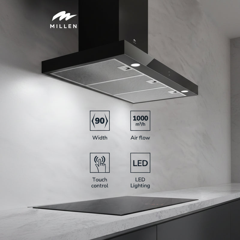Load image into Gallery viewer, MILLEN 90 cm Black Glass/Painted Body Range Hood 1000m3/h - MKH 901 BB, 3 Year Warranty MKH 901 BB black
