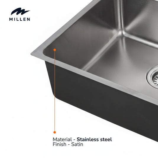 Millen Premium Undermount Top Mount Single Bowl Sink with Faucet – 304 Stainless Steel, Soundproof, Satin Finish - MS5444 SET, 3Y Warranty