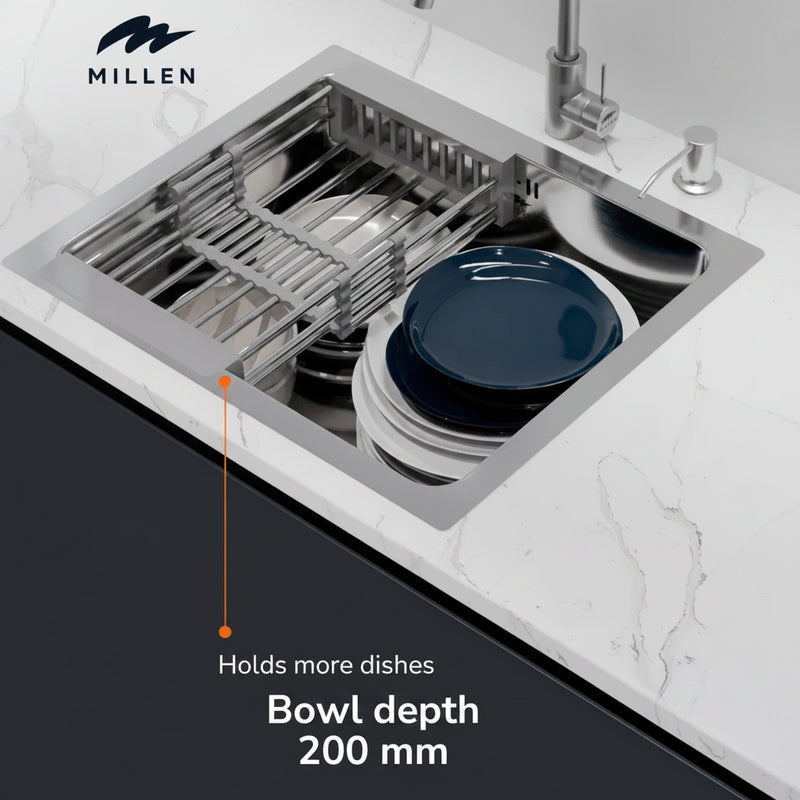 Load image into Gallery viewer, Millen Premium Undermount Top Mount Single Bowl Sink with Faucet – 304 Stainless Steel, Soundproof, Satin Finish - MS5444 SET, 3Y Warranty
