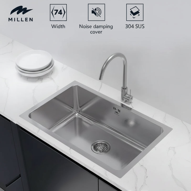 Load image into Gallery viewer, Millen Premium Undermount Top Mount Single Bowl Sink – 304 Stainless Steel, Soundproof, Satin Finish - MS7440

