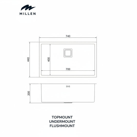Millen Premium Undermount Top Mount Single Bowl Sink – 304 Stainless Steel, Soundproof, Satin Finish - MS7440