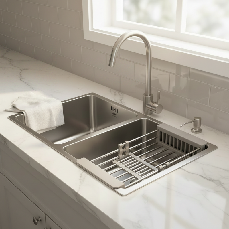 Load image into Gallery viewer, Millen Premium Undermount Top Mount Double Bowl Sink with Faucet and Soap Dispanser – 304 Stainless Steel, Soundproof, Satin Finish - MS7544 SET, 3Y Warranty
