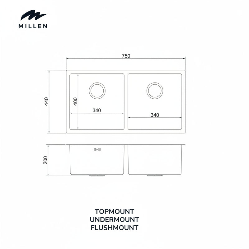 Load image into Gallery viewer, Millen Premium Undermount Top Mount Double Bowl Sink with Faucet and Soap Dispanser – 304 Stainless Steel, Soundproof, Satin Finish - MS7544 SET, 3Y Warranty
