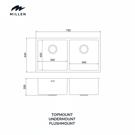 Millen Premium Undermount Top Mount Double Bowl Sink with Faucet and Soap Dispanser – 304 Stainless Steel, Soundproof, Satin Finish - MS7544 SET, 3Y Warranty