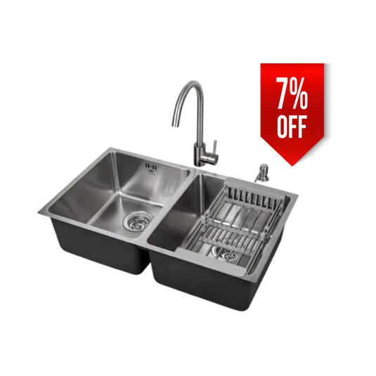 Millen Premium Undermount Top Mount Double Bowl Sink with Faucet and Soap Dispanser – 304 Stainless Steel, Soundproof, Satin Finish - MS7544 SET, 3Y Warranty